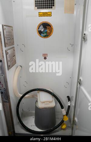 The toilet facility in Node 3 of the International Space Station (ISS) at NASA's full-size mockup of the ISS at the Johnson Space Center. Stock Photo