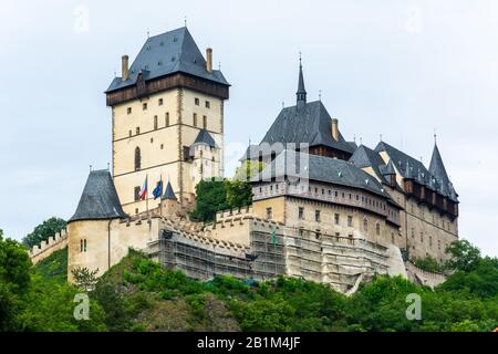 Karlstejn, Czech Republic – July 12, 2016. Exterior view of the Karlstejn castle in Czech Republic. This large Gothic castle was founded in 1348 by Ch Stock Photo