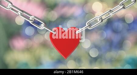 Love concept. Locked red color heart shaped padlock joins metal chain against bokeh, colorful blurred abstract background, 3d illustration Stock Photo