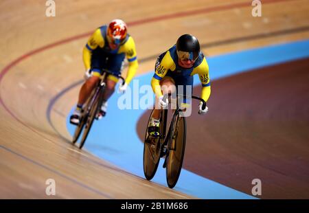 Ukraine's Olena Starikova (right) and Liubov Basova in action in the Women's Team Sprint Qualifying during day one of the 2020 UCI Track Cycling World Championships at Velodrom, Berlin. Stock Photo