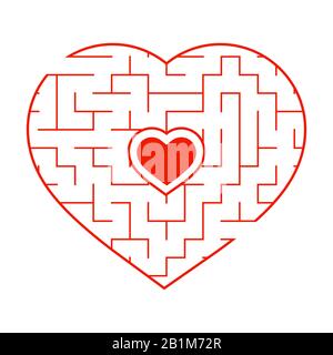 Red heart shaped labyrinth. Game for kids and adults. Puzzle for children. Labyrinth conundrum. Flat vector illustration isolated on white background. Stock Vector