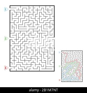 Abstract rectangular large maze. Game for kids. Puzzle for children. Three entrances, one exit. Labyrinth conundrum. Flat vector illustration isolated Stock Vector