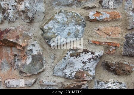 Structural wall of the ancient building of the last century from a stone. Old brick wall texture. Grunge wide brickwall. Copy Space. Stock Photo