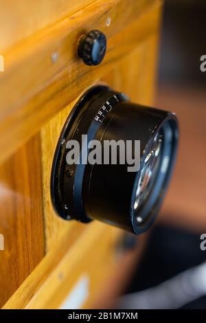 Lens of a old Wooden Big Format Camera Stock Photo