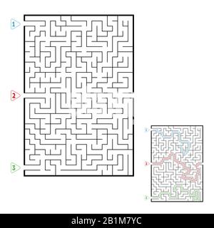 Abstract rectangular large maze. Game for kids. Puzzle for children. Three entrances, one exit. Labyrinth conundrum. Flat vector illustration isolated Stock Vector