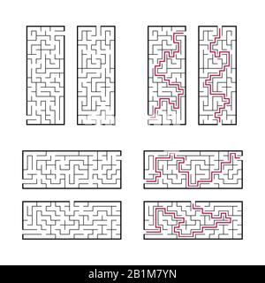 A set of rectangular mazes. Game for kids. Puzzle for children. One entrances, one exit. Labyrinth conundrum. Flat vector illustration isolated on whi Stock Vector