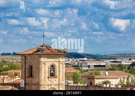 Storks nesting on top of the bell tower of Church of Carmen de Abajo built on the 15th century in the city of Salamanca in Spain Stock Photo