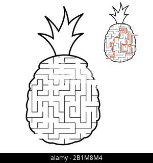 Maze pineapple. Game for kids. Puzzle for children. Cartoon style. Labyrinth conundrum. Black and white vector illustration. With answer. The developm Stock Vector