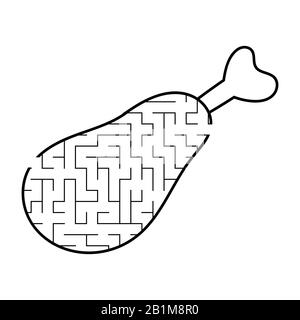 Maze chicken leg. Game for kids. Puzzle for children. Cartoon style. Labyrinth conundrum. Black and white vector illustration. The development of logi Stock Vector