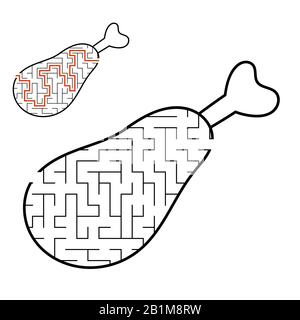 Maze chicken leg. Game for kids. Puzzle for children. Cartoon style. Labyrinth conundrum. Black and white vector illustration. With answer. The develo Stock Vector