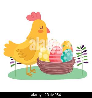 happy easter hen with basket filled eggs decoration vector illustration Stock Vector