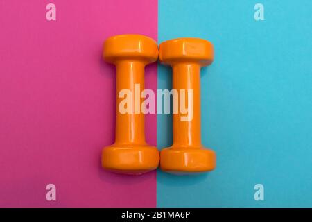 Two orange dumbbells on a pink and blue background. A tool for training, sport and activity in summer time. Stock Photo