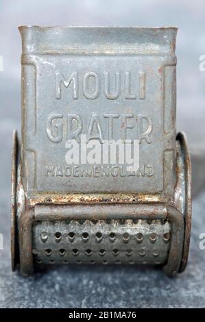 Close up of vintage Mauli cheese grater with 'Made in England' pressed into steel Stock Photo