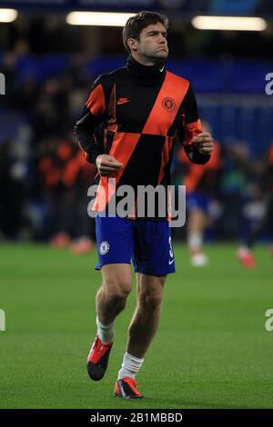 London, UK. 25th Feb, 2020. Marcus Alonso of Chelsea in action during warm up. UEFA Champions league, round of 16, 1st leg match, Chelsea v Bayern Munich at Stamford Bridge Stadium in Chelsea, London on Tuesday 25th February 2020. this image may only be used for Editorial purposes. Editorial use only, license required for commercial use. No use in betting, games or a single club/league/player publications. pic by Steffan Bowen/Andrew Orchard sports photography/Alamy Live news Credit: Andrew Orchard sports photography/Alamy Live News Stock Photo