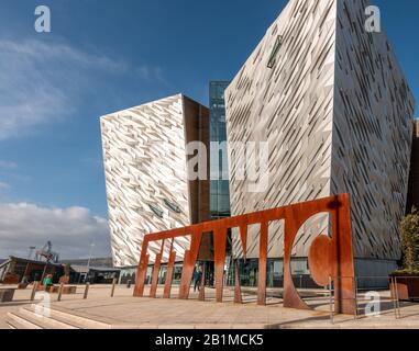 Belfast, Northern Ireland, UK - February 23, 2020: The Large metal sign at Titanic Belfast museum