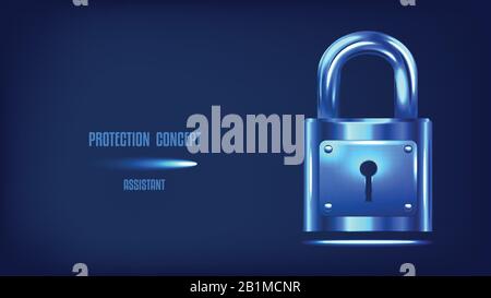 Protection concept. Safety of information and data. Closed lock on dark blue background. Stock Vector