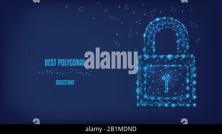 Protection concept. Safety of information and data. Closed lock from triangles and luminous points on beautiful dark blue night sky. Vector Polygonal Stock Vector