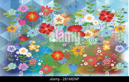 flowers on rainbow triangles background Stock Vector