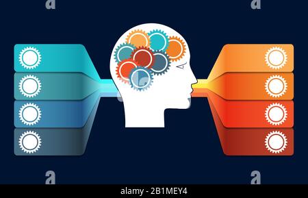 Infographic with gears in head, and colorful strips. Template with 8 options used to conceptual variants for projects. Stock Photo