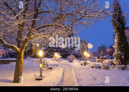 Donetsk, Ukraine. 2020, January 7. Christmas. Scenic view of the snowy fir trees and the temple from the park area of Holy Trinity Cathedral. Lights Stock Photo