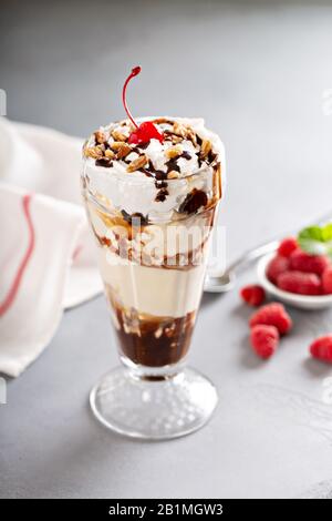 Ice cream, chocolate and whipped cream parfait Stock Photo