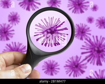 hand holding magnifying glass focusing on virus bacterium cell Stock Photo