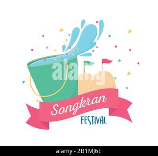 songkran festival plastic bucket water sand palace with flags celebration design vector illustration Stock Vector