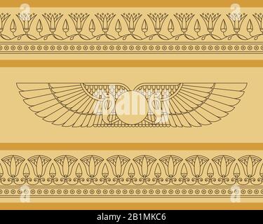 Vector seamless horizontal pattern of winged disk in egyptian style with lotus flowers Stock Vector