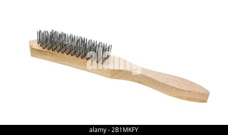 Wire brush with wooden handle on white background. Metal Brush. Steel wire brush rough tool cut out white. Stock Photo