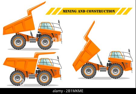 Off-highway truck with different body position. Heavy mining machine and construction equipment. Vector illustration. Stock Vector
