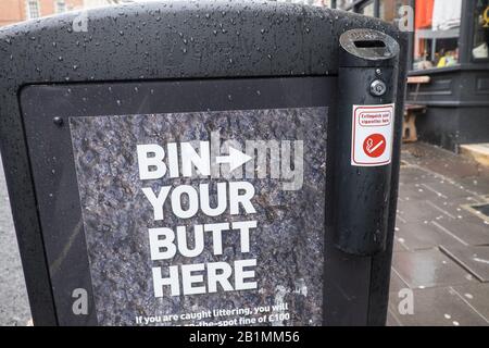 Bin,cigarette,butts,bin,on,Park Street,in,Bristol,city,west country,England,English,Great,Britain,GB,UK,United Kingdom, Stock Photo