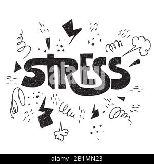 Hand drawn hatching lettering word stress. Vector conceptual illustration with doodle elements Stock Vector