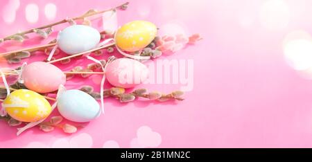Easter eggs and willow branches on pink background Stock Photo
