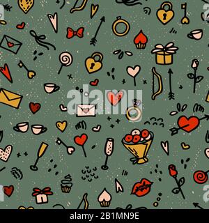 Seamless vintage background with symbols of love and relationships. Elements for design of wedding, anniversary, valentines day. Stock Vector