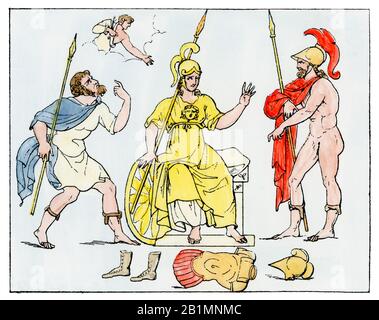 Odysseus and Ajax argue over Achilles' armor after his death in the Trojan War. Hand-colored woodcut Stock Photo