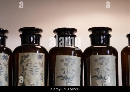 A row of vintage brown glass apothecary jars with used labels displaying herbal drawings Stock Photo