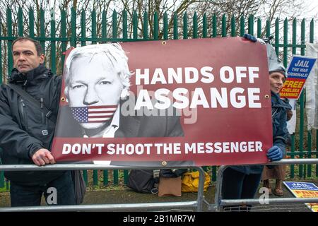 Protesters outside Belmarsh Prison, supporting the Free Julian Assange Campaign on the day of the WikiLeaks founder's extradition hearing to the USA. Stock Photo