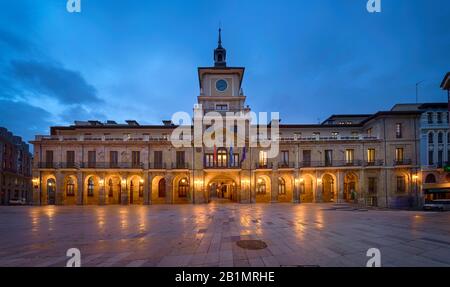 Oviedo, Spain. Historic building of Town Hall at dusk Stock Photo