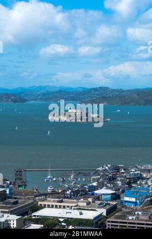 Alcatraz Island and Pier 39 with sea lions, San Francisco, California, USA. Royalty free stock photo. Stock Photo