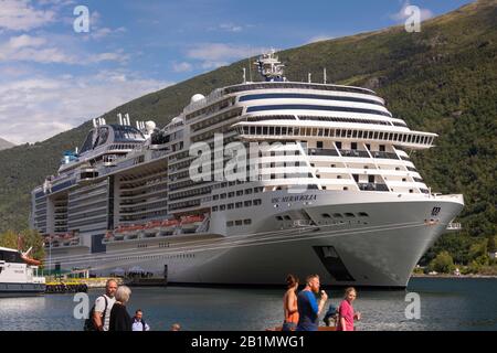 FLAM, NORWAY - Cruise ship MSC Meraviglia docked in Aurlandsfjorden fjord. Stock Photo