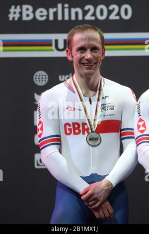 Berlin, Germany. 26th Feb 2020. Jason Kenny of Great Britain with a silver medal for the Men's team pursuit during the The UCI Cycling Track World Championships, at The Veledrom, Berlin Germany. 26 February 2020 (Photo by Mitchell Gunn/Espa-Images) Credit: European Sports Photographic Agency/Alamy Live News Stock Photo