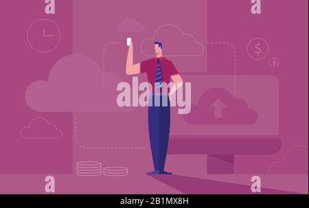 Business concept illustration of a businessman sits on cloud symbol working with laptop computer with binary numbers as the background. Stock Vector