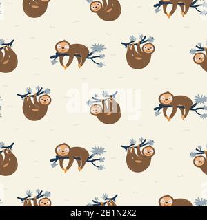 Cute sloth on tree branches seamless pattern vector. Childish cartoon animal background. Stock Vector