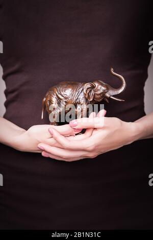 Beautiful female hand holding brown figurine of an elephant. Manicure with pink nail polish Stock Photo