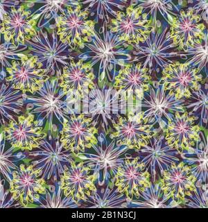 Colorful tropical vector flower bloom seamless pattern. Glowing daisy petal floral on dark background. Trendy all over print repeat swatch. Decorative Stock Vector