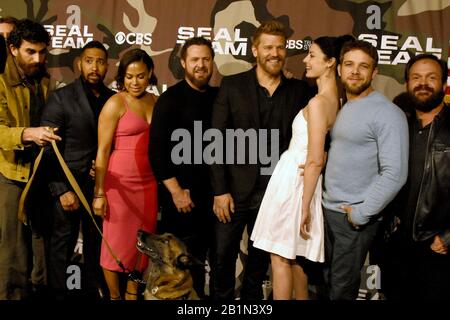 Hollywood, California, USA 25th February 2020 (L-R) Actor Justin Melnick, actor Neil Brown Jr., actress Toni Trucks, actor A.J. Buckley, actor David Boreanaz, actress Jessica Pare, actor Max Thieriot and actor Judd Lormand attend CBS's 'Seal Team' Premiere on February 25, 2020 at ArcLight Hollywood in Hollywood, California, USA. Photo by Barry King/Alamy Stock Photo Stock Photo