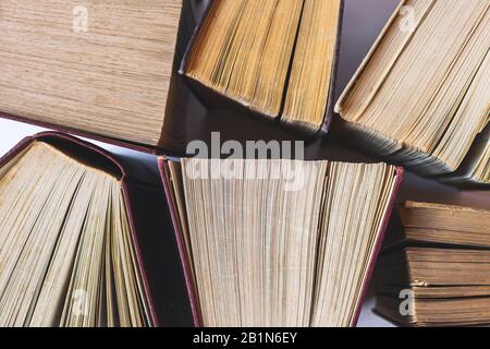 Full frame photo of old , open  books. High angle view Stock Photo