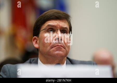 Washington, USA. 26th Feb, 2020. U.S. Secretary of Defense Mark Esper testifies before the House Armed Services Committee during a hearing on the Fiscal Year 2021 National Defense Authorization Budget Request from the Department of Defense on Capitol Hill in Washington, DC, the United States, on Feb. 26, 2020. Credit: Ting Shen/Xinhua/Alamy Live News Stock Photo