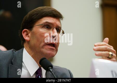 Washington, USA. 26th Feb, 2020. U.S. Secretary of Defense Mark Esper testifies before the House Armed Services Committee during a hearing on the Fiscal Year 2021 National Defense Authorization Budget Request from the Department of Defense on Capitol Hill in Washington, DC, the United States, on Feb. 26, 2020. Credit: Ting Shen/Xinhua/Alamy Live News Stock Photo
