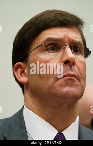 Washington, USA. 26th Feb, 2020. U.S. Secretary of Defense Mark Esper testifies before the House Armed Services Committee during a hearing on the Fiscal Year 2021 National Defense Authorization Budget Request from the Department of Defense on Capitol Hill in Washington, DC, the United States, on Feb. 26, 2020. Credit: Ting Shen/Xinhua/Alamy Live News Stock Photo